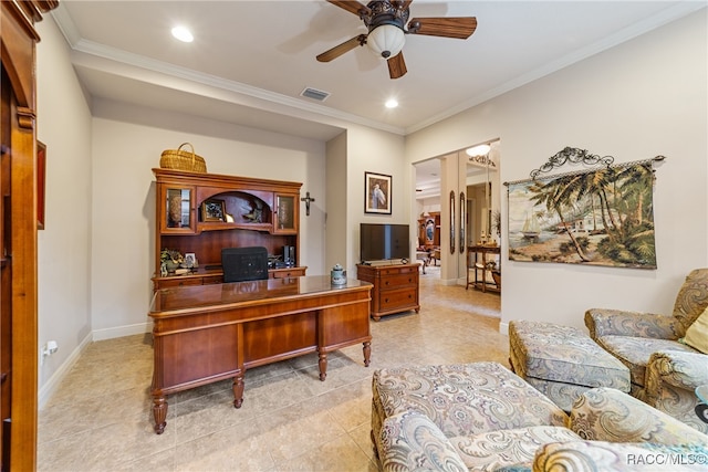 tiled office featuring ceiling fan and crown molding