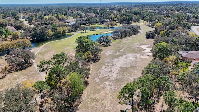 birds eye view of property featuring a wooded view and a water view