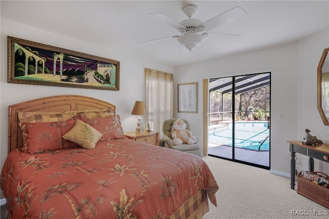 bedroom featuring baseboards, carpet, ceiling fan, and access to outside