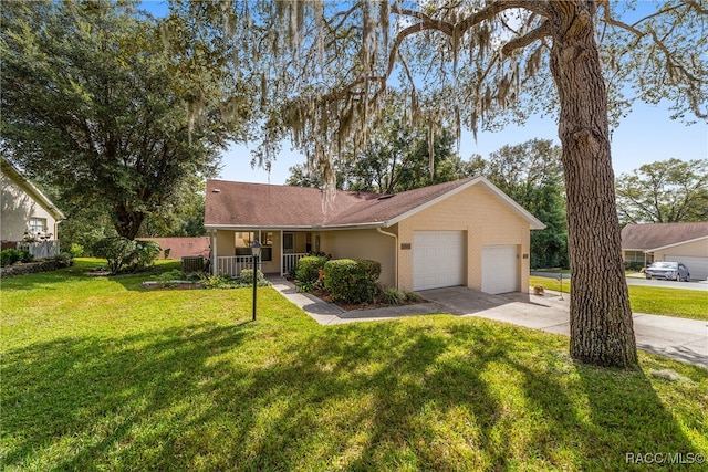 single story home with a front yard, a porch, a garage, and central air condition unit