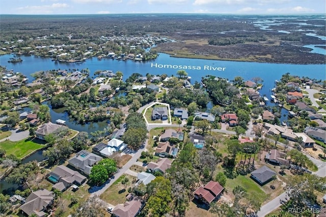 bird's eye view featuring a water view and a residential view