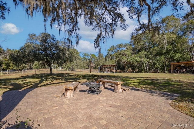 view of patio / terrace featuring a fire pit