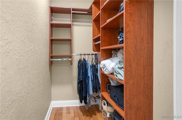 walk in closet with light hardwood / wood-style floors