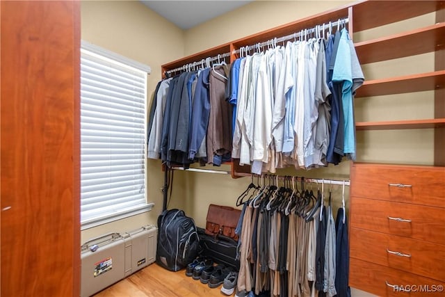 spacious closet featuring light hardwood / wood-style flooring