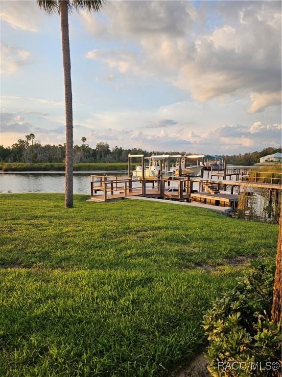 dock area with a yard, a water view, and boat lift