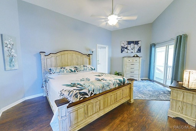 11938 W Blue Bayou Ct Unit 331, Crystal River, FL 34429 - bedroom featuring a ceiling fan, dark wood-style flooring, vaulted ceiling, and baseboards