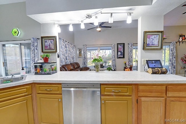 kitchen featuring track lighting, ceiling fan, dishwasher, and sink