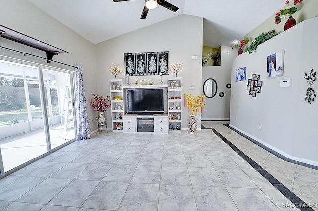 living room with high vaulted ceiling and ceiling fan