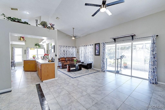 interior space featuring vaulted ceiling and ceiling fan