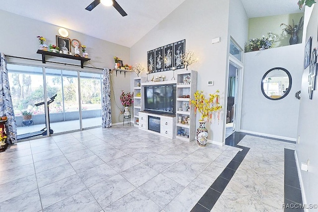 living room featuring high vaulted ceiling and ceiling fan