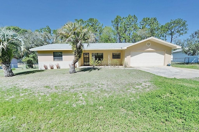 ranch-style house with a garage, concrete driveway, stucco siding, fence, and a front yard