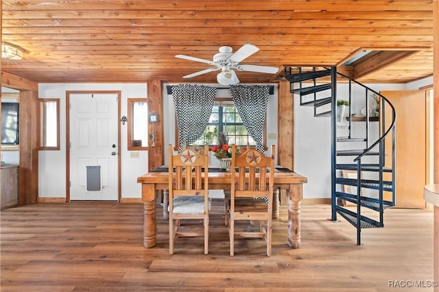 dining room featuring wood ceiling, ceiling fan, and hardwood / wood-style floors