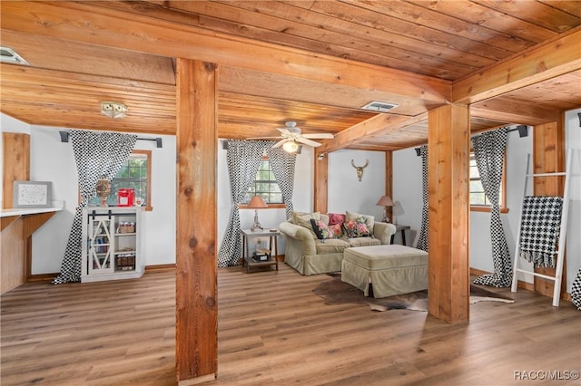 living room featuring wood-type flooring, a wealth of natural light, and wooden ceiling