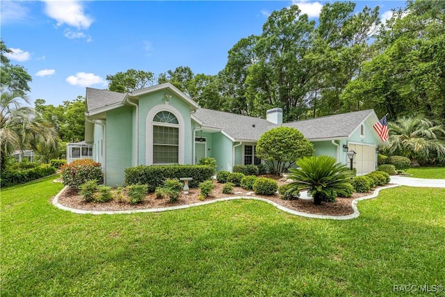 9530 SW 189th Ct, Dunnellon, FL 34432 - ranch-style house with a front lawn, stucco siding, and a chimney