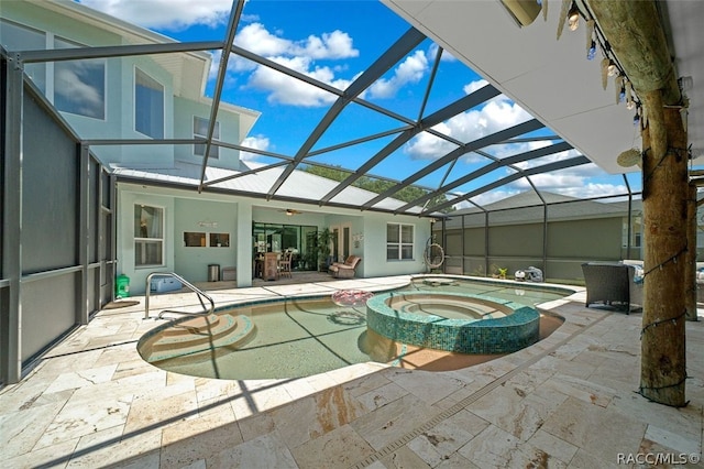 view of pool featuring glass enclosure, a patio area, and an in ground hot tub