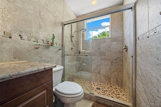 bathroom with vanity, toilet, and walk in shower