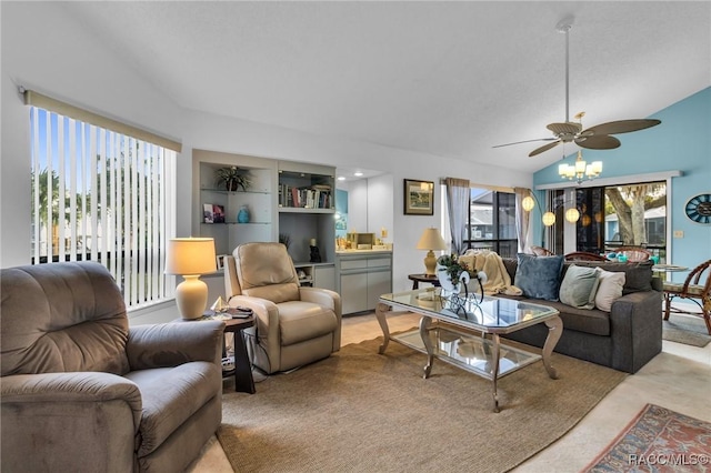 living room featuring ceiling fan, light colored carpet, a healthy amount of sunlight, and lofted ceiling