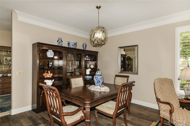 dining area featuring dark hardwood / wood-style floors and ornamental molding