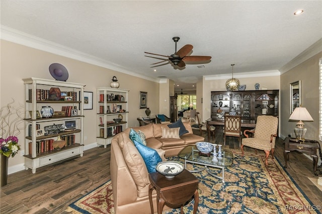 living room featuring ceiling fan, dark hardwood / wood-style flooring, ornamental molding, and a textured ceiling