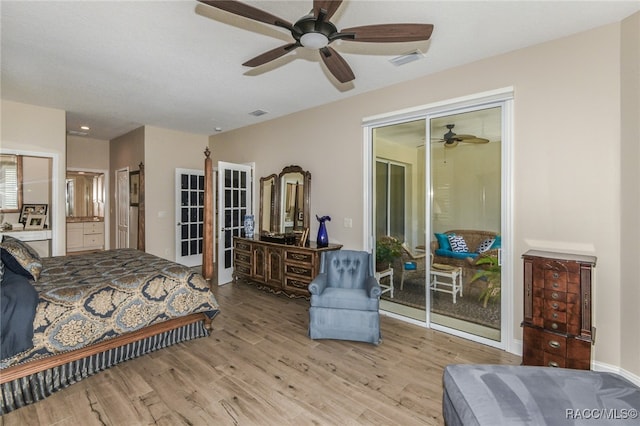 bedroom with access to outside, ceiling fan, and light wood-type flooring