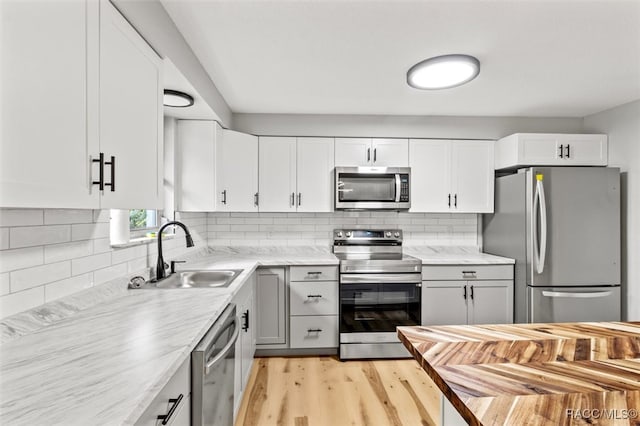 kitchen featuring backsplash, stainless steel appliances, sink, light hardwood / wood-style flooring, and white cabinetry