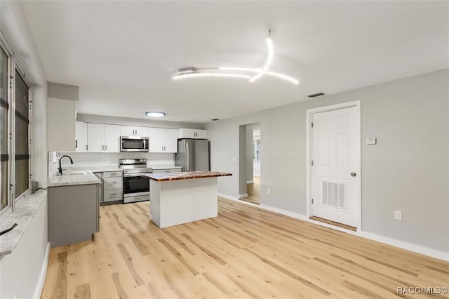 kitchen featuring wooden counters, tasteful backsplash, stainless steel appliances, white cabinets, and light hardwood / wood-style floors