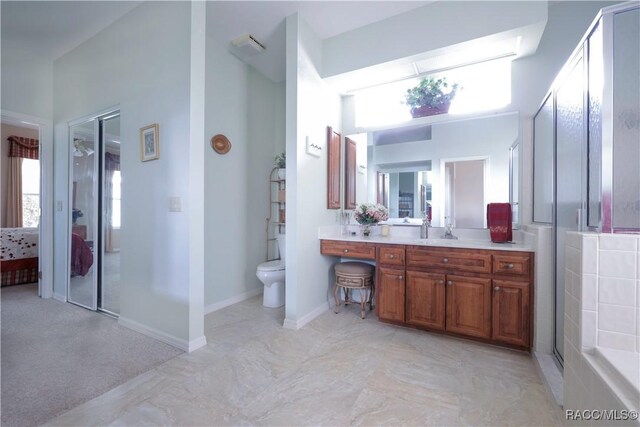 bathroom with vanity, an enclosed shower, and toilet