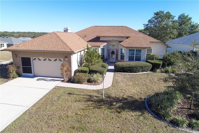 single story home featuring a front yard, an attached garage, brick siding, and concrete driveway