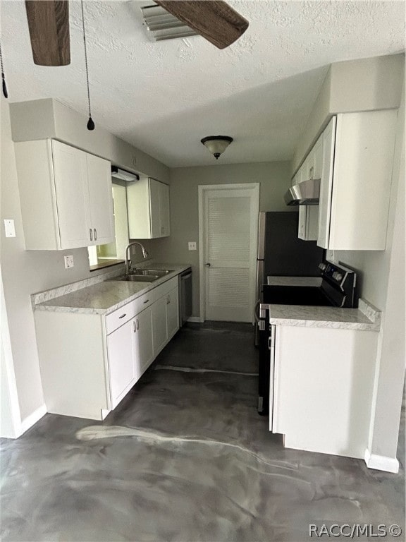 kitchen with a textured ceiling, sink, white cabinetry, and range with electric cooktop