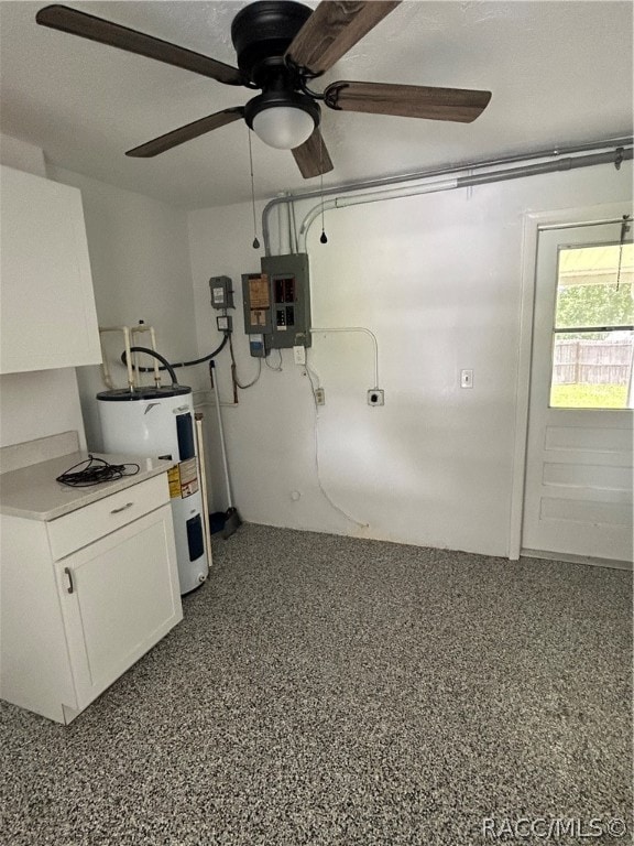 interior space with white cabinets, electric panel, ceiling fan, and water heater