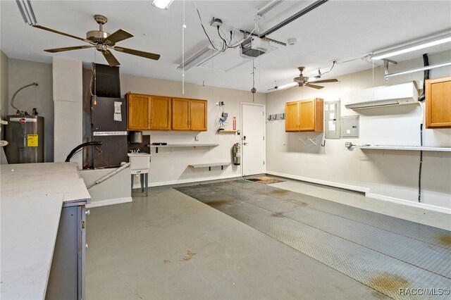 garage with water heater, heating unit, a garage door opener, and ceiling fan