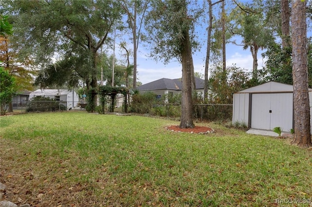 view of yard featuring a storage shed