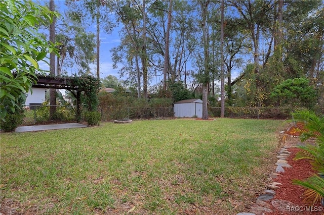 view of yard with a pergola and a storage shed