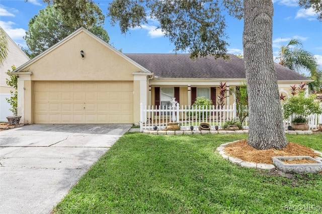 single story home featuring a garage and a front yard