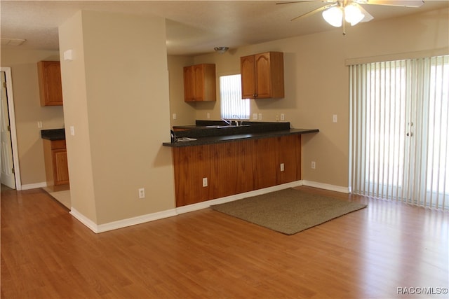 kitchen with ceiling fan, kitchen peninsula, and light hardwood / wood-style flooring