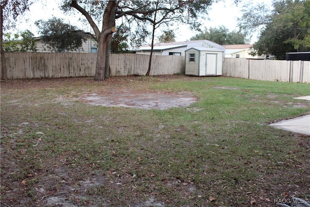 view of yard featuring a storage unit