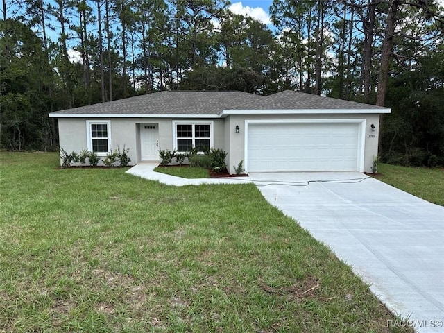3289 W Camilo Dr, Dunnellon, FL 34433 - single story home with an attached garage, stucco siding, driveway, a front yard, and roof with shingles