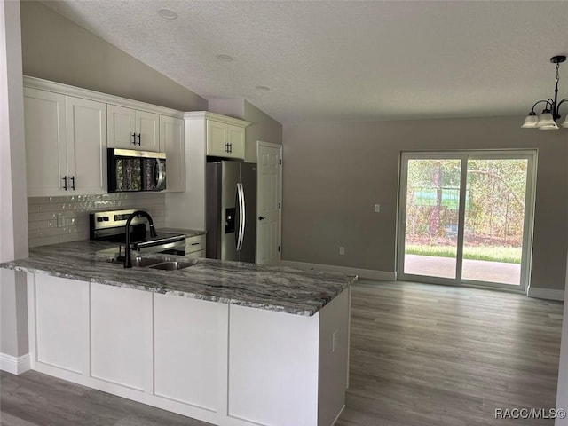 3289 W Camilo Dr, Dunnellon, FL 34433 - kitchen with stainless steel appliances, vaulted ceiling, light stone counters, decorative backsplash, and wood finished floors