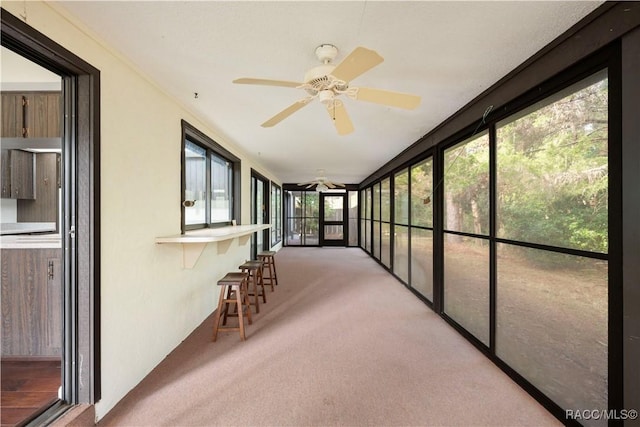 unfurnished sunroom with ceiling fan