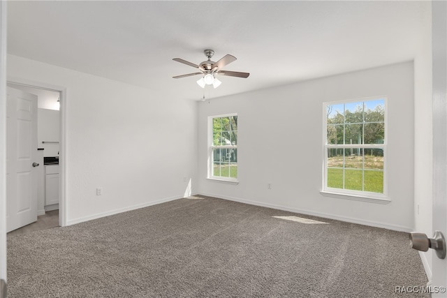 carpeted spare room featuring a wealth of natural light and ceiling fan