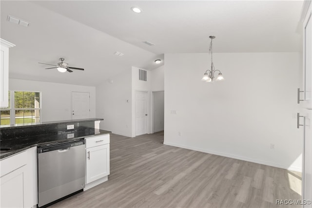 kitchen featuring stainless steel dishwasher, white cabinets, lofted ceiling, and light hardwood / wood-style flooring