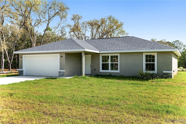 ranch-style home featuring a front yard and a garage