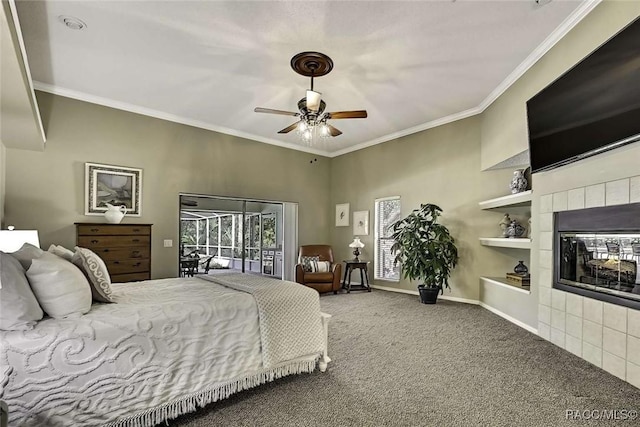 carpeted bedroom featuring baseboards, a fireplace, ceiling fan, crown molding, and access to outside