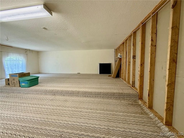 interior space with a textured ceiling and light carpet
