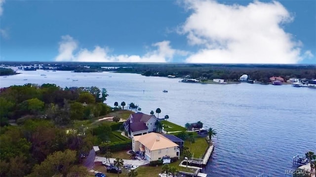 drone / aerial view with a water view