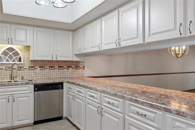 kitchen featuring white cabinetry, dishwasher, sink, a notable chandelier, and decorative backsplash