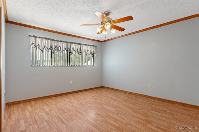 unfurnished room with ceiling fan, crown molding, light wood-type flooring, and a textured ceiling