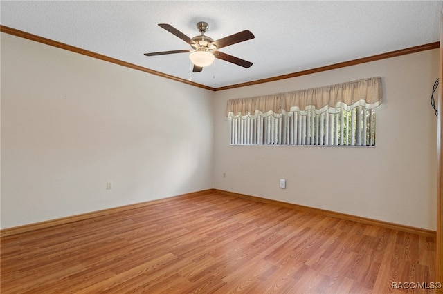 unfurnished room with ceiling fan, ornamental molding, a textured ceiling, and light hardwood / wood-style flooring