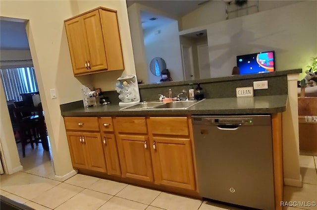 7689 N Galt Pt, Citrus Springs, FL 34434 - kitchen featuring stainless steel dishwasher, a peninsula, dark countertops, and light tile patterned flooring