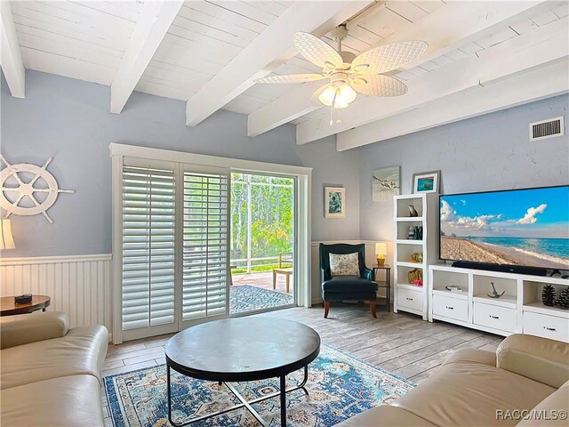 857 N Palm Springs Ter, Crystal River, FL 34429 - living room featuring a wainscoted wall, wood finished floors, beamed ceiling, a ceiling fan, and wood ceiling